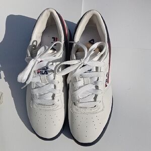 Fila Kids White Sneakers with Navy & Red Trim